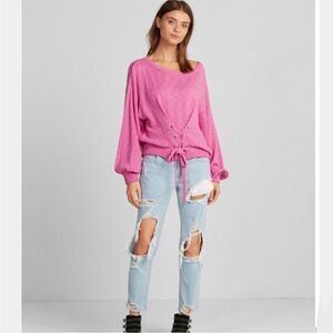 EXPRESS Pink Lace Up Sweater Oversized Pullover Tie Waist Casual Size Large‎ New